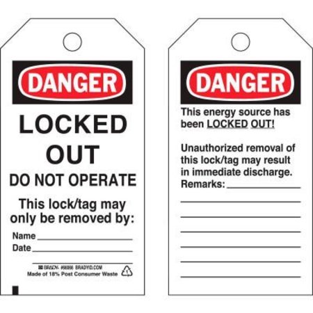 BRADY Brady Lockout Tag- Danger Locked Out Do Not Operate, 2 Sided, Polyester, 25/Pack 66066